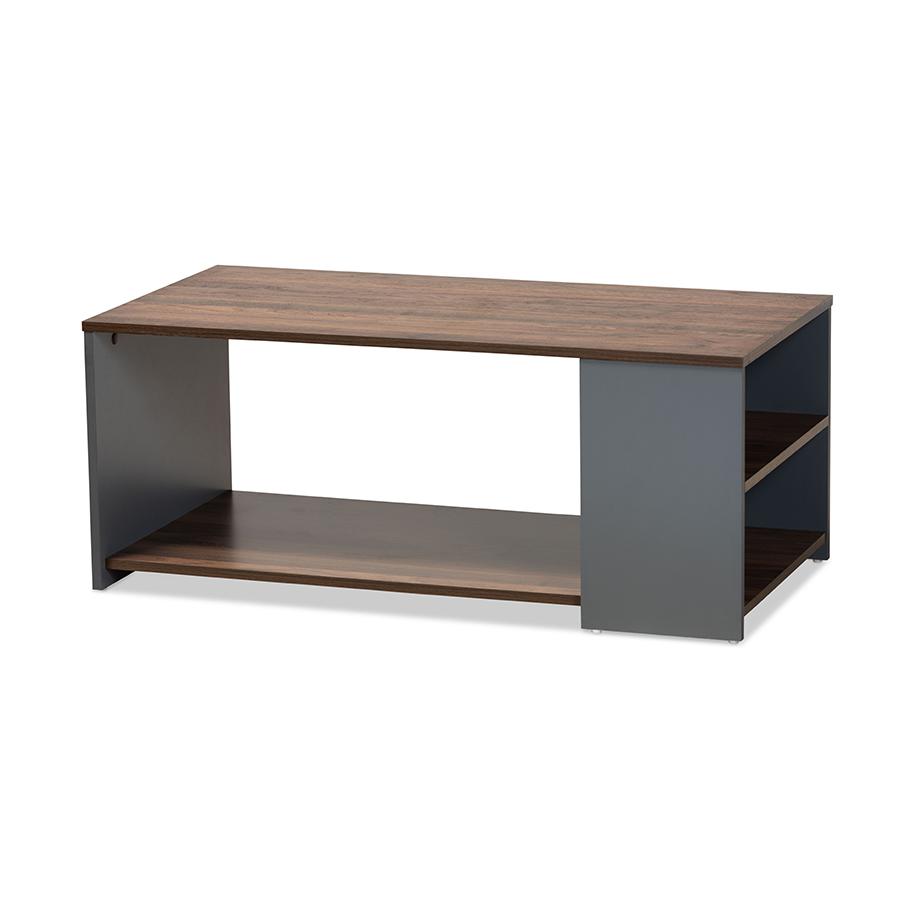 Two-Tone Walnut Brown and Grey Finished Wood Storage Coffee Table. Picture 1