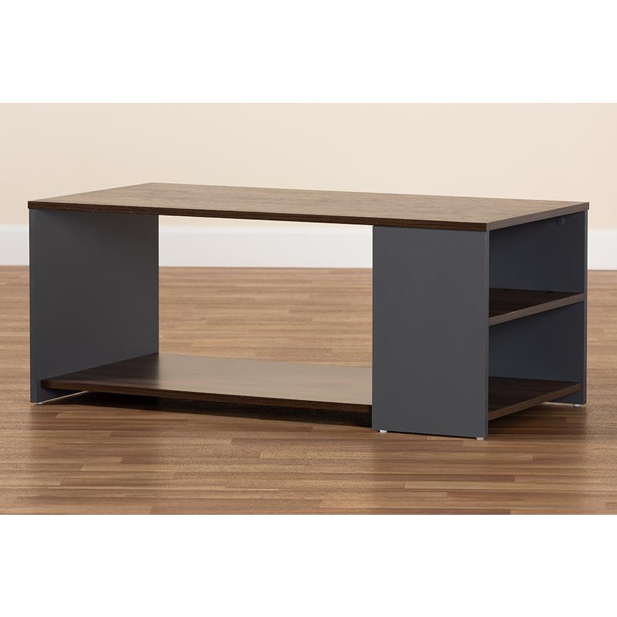 Two-Tone Walnut Brown and Grey Finished Wood Storage Coffee Table. Picture 6