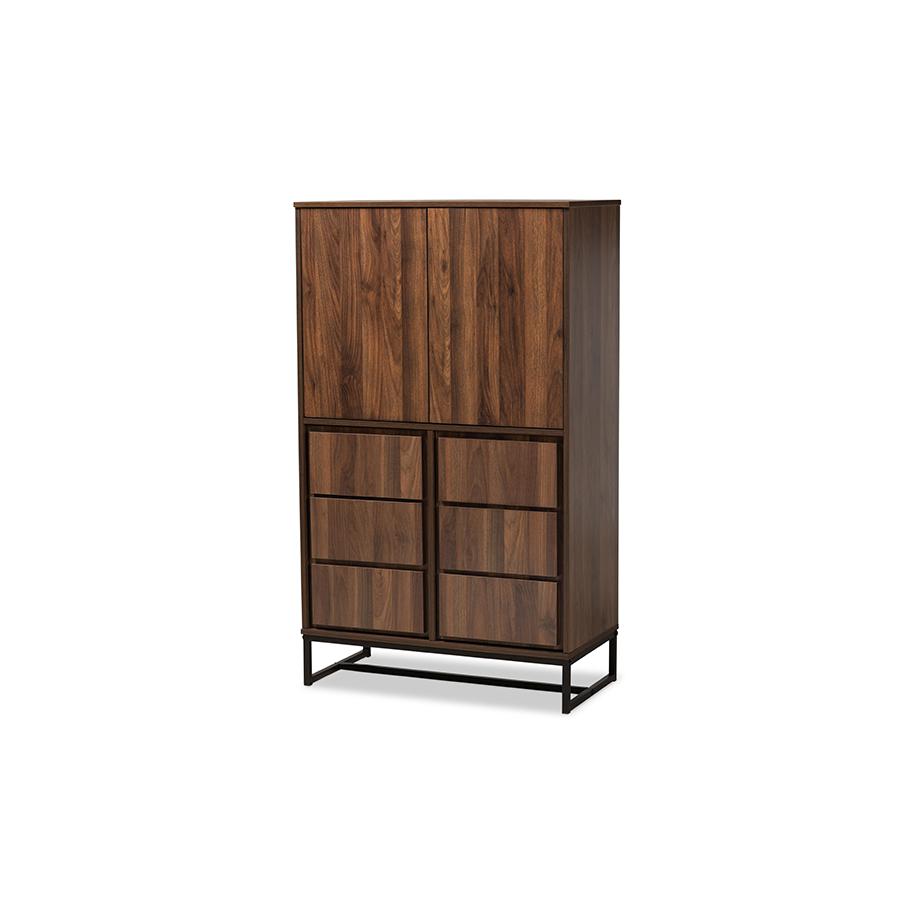 Walnut Brown Finished Wood and Black Finished Metal Multipurpose Storage Cabinet. Picture 1