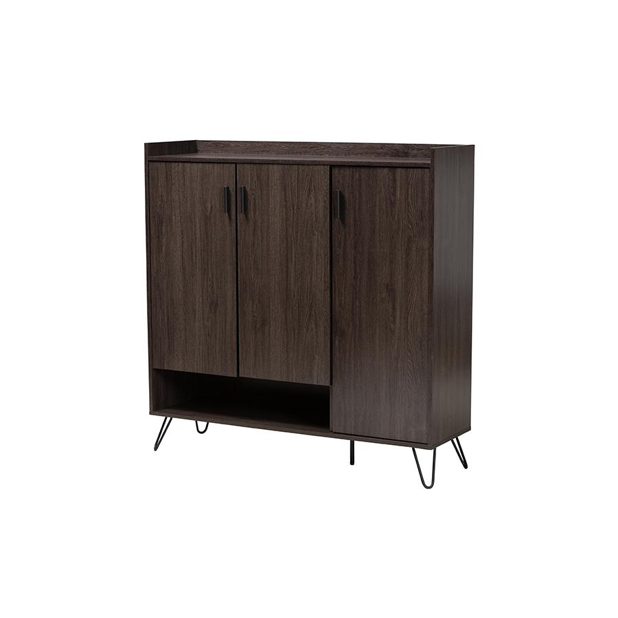 Baldor Modern and Contemporary Dark Brown Finished Wood 3-Door Shoe Cabinet. Picture 1