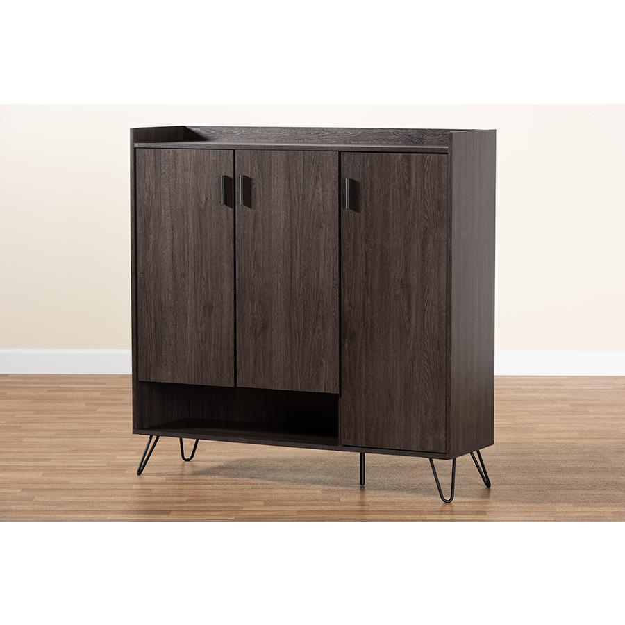 Baldor Modern and Contemporary Dark Brown Finished Wood 3-Door Shoe Cabinet. Picture 10