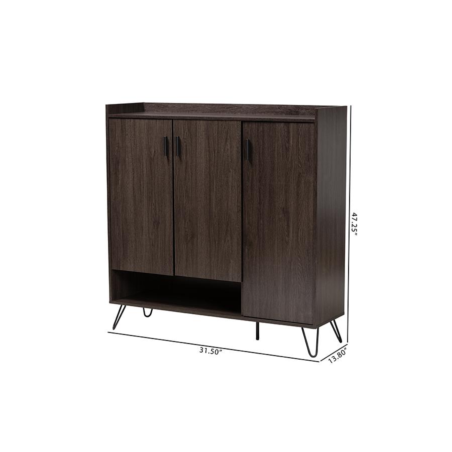 Baldor Modern and Contemporary Dark Brown Finished Wood 3-Door Shoe Cabinet. Picture 11