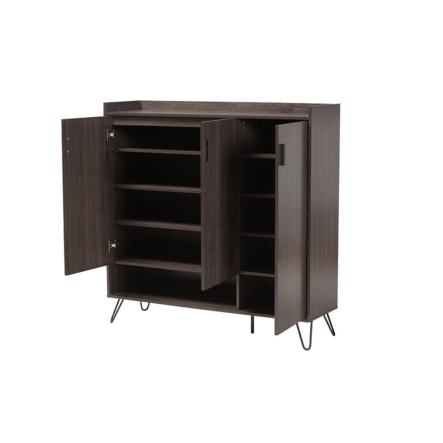 Baldor Modern and Contemporary Dark Brown Finished Wood 3-Door Shoe Cabinet. Picture 2