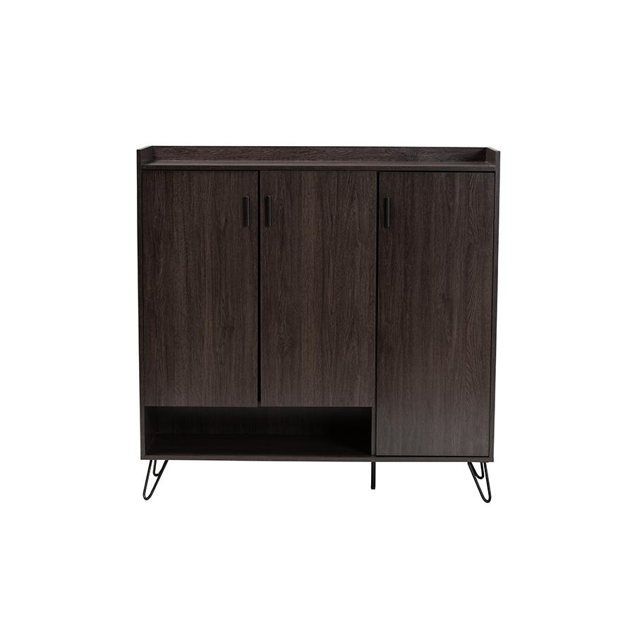 Baldor Modern and Contemporary Dark Brown Finished Wood 3-Door Shoe Cabinet. Picture 3