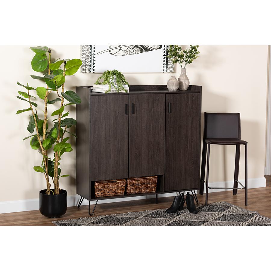 Baldor Modern and Contemporary Dark Brown Finished Wood 3-Door Shoe Cabinet. Picture 8