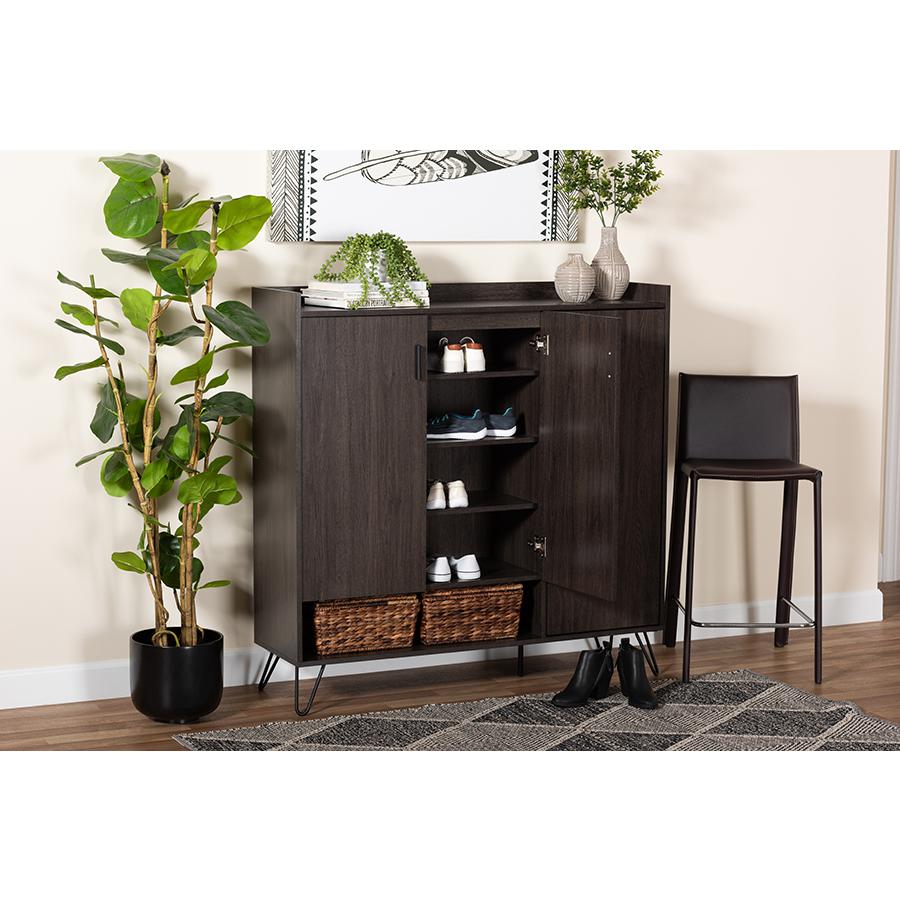 Baldor Modern and Contemporary Dark Brown Finished Wood 3-Door Shoe Cabinet. Picture 9