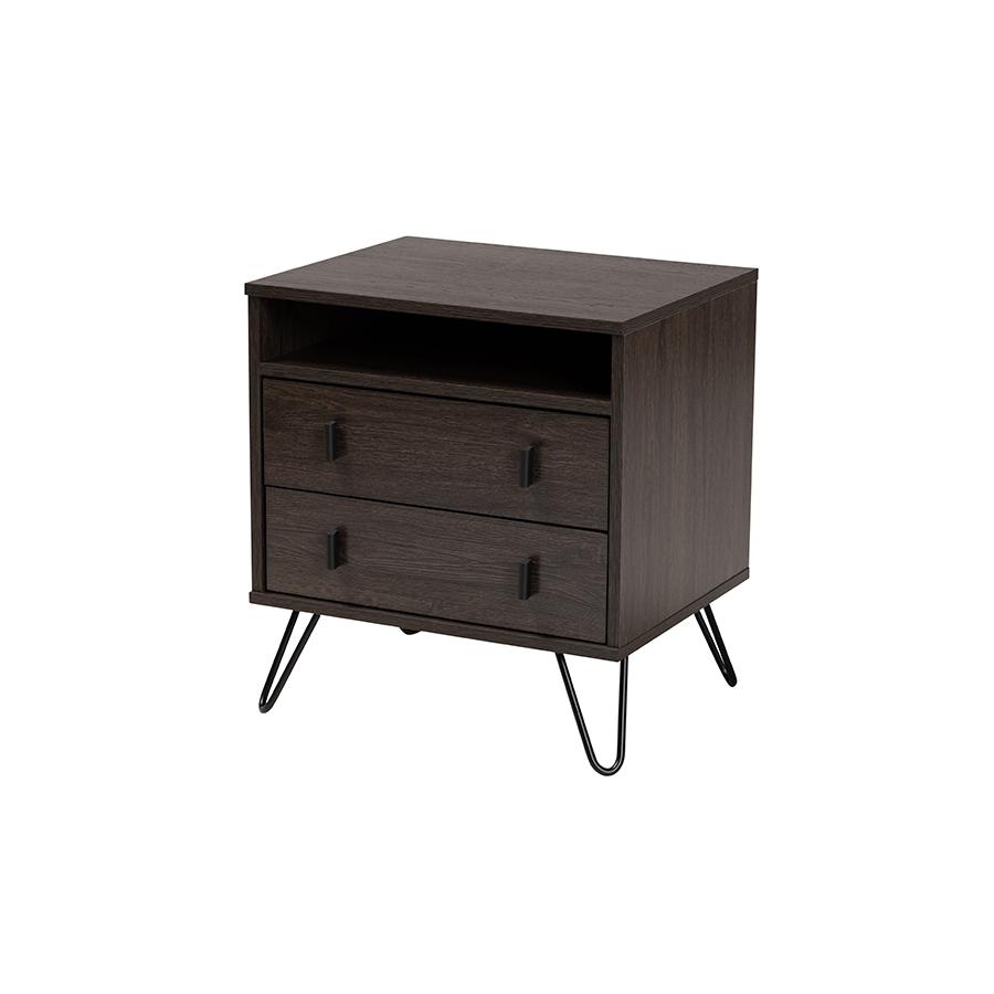 Dark Brown Finished Wood and Black Metal 2-Drawer Nightstand. Picture 1
