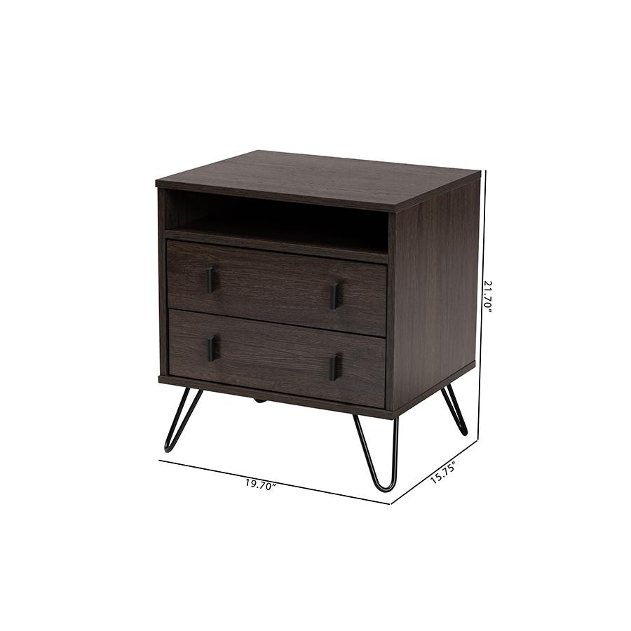 Dark Brown Finished Wood and Black Metal 2-Drawer Nightstand. Picture 10