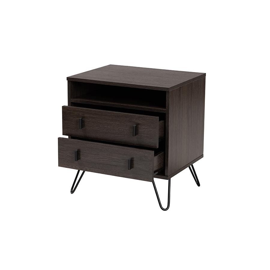 Dark Brown Finished Wood and Black Metal 2-Drawer Nightstand. Picture 2