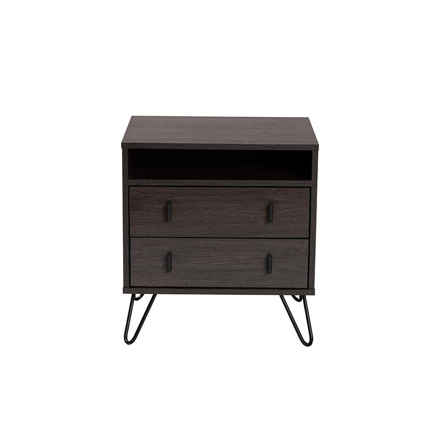 Dark Brown Finished Wood and Black Metal 2-Drawer Nightstand. Picture 3