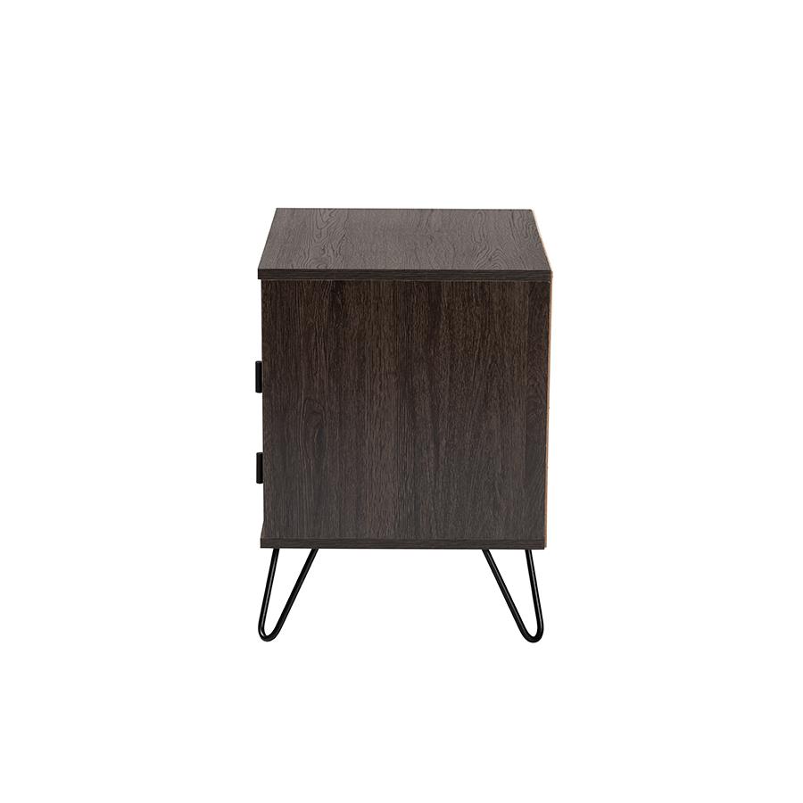 Dark Brown Finished Wood and Black Metal 2-Drawer Nightstand. Picture 4