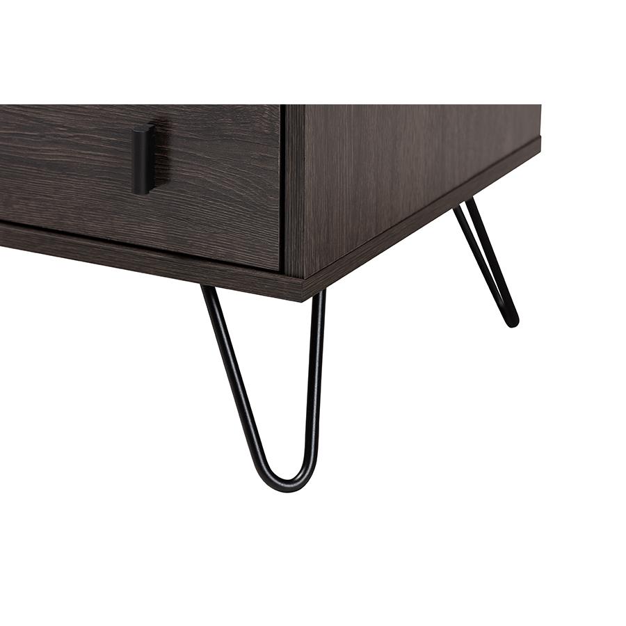 Dark Brown Finished Wood and Black Metal 2-Drawer Nightstand. Picture 6