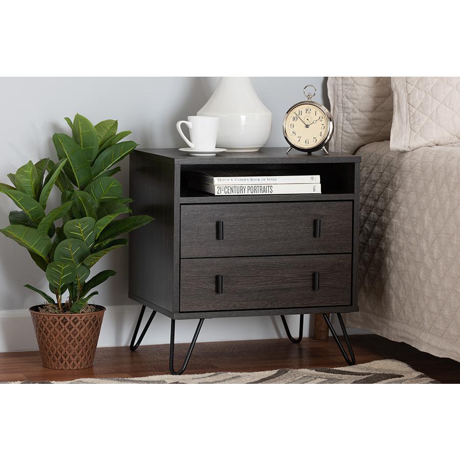 Dark Brown Finished Wood and Black Metal 2-Drawer Nightstand. Picture 8