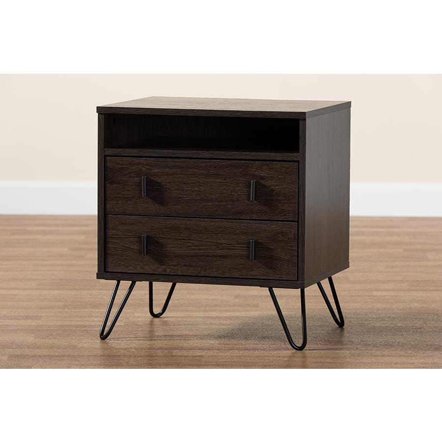 Dark Brown Finished Wood and Black Metal 2-Drawer Nightstand. Picture 9