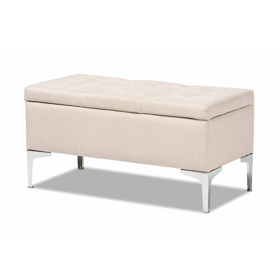 Mabel Modern and Contemporary Transitional Beige Fabric Upholstered and Silver Finished Metal Storage Ottoman. The main picture.