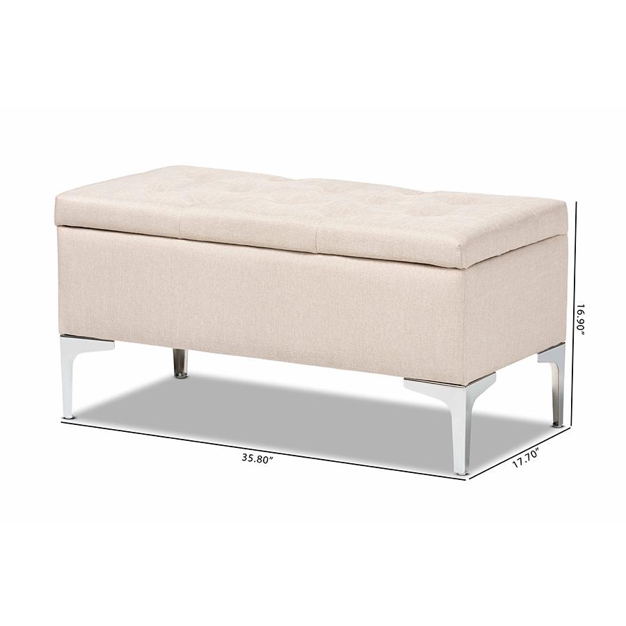 Transitional Beige Fabric Upholstered and Silver Finished Metal Storage Ottoman. Picture 10