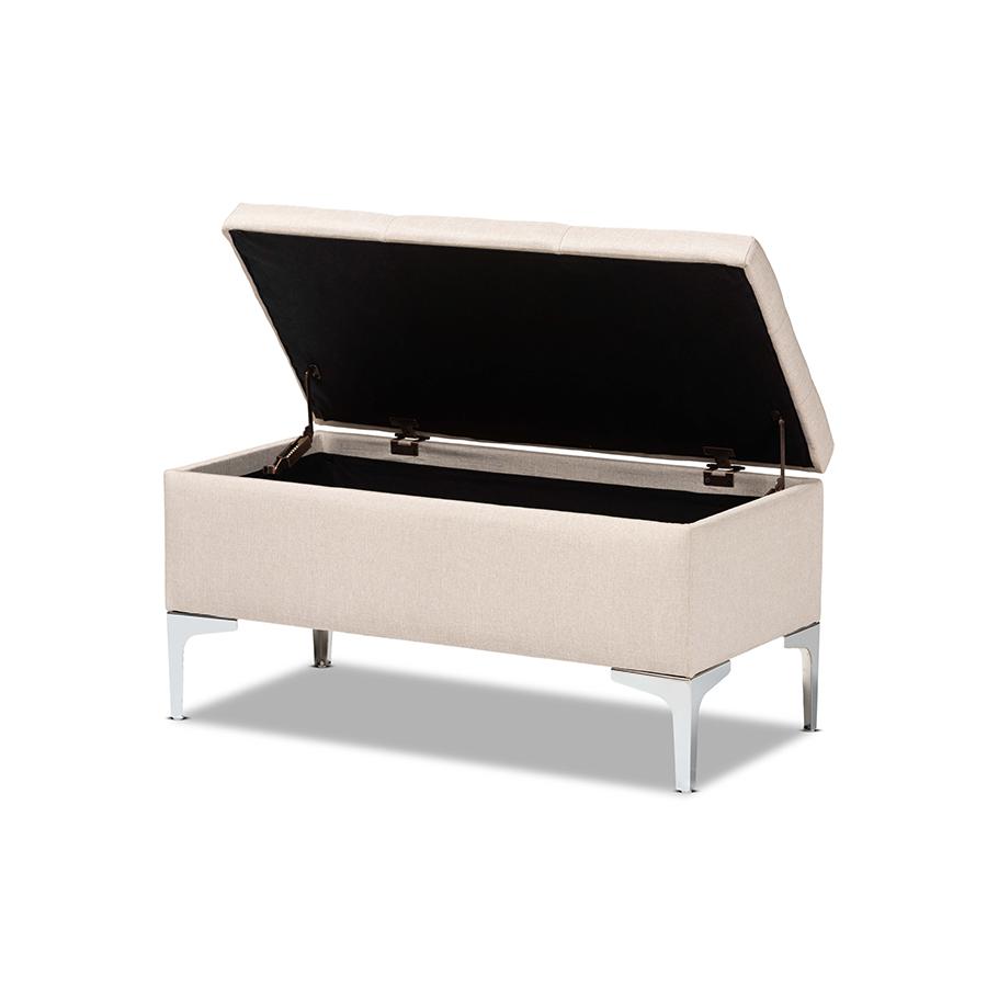 Mabel Modern and Contemporary Transitional Beige Fabric Upholstered and Silver Finished Metal Storage Ottoman. Picture 2