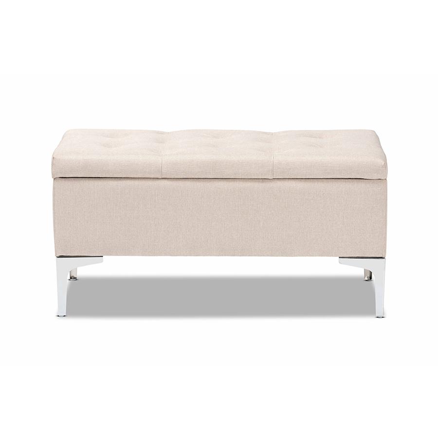 Mabel Modern and Contemporary Transitional Beige Fabric Upholstered and Silver Finished Metal Storage Ottoman. Picture 3