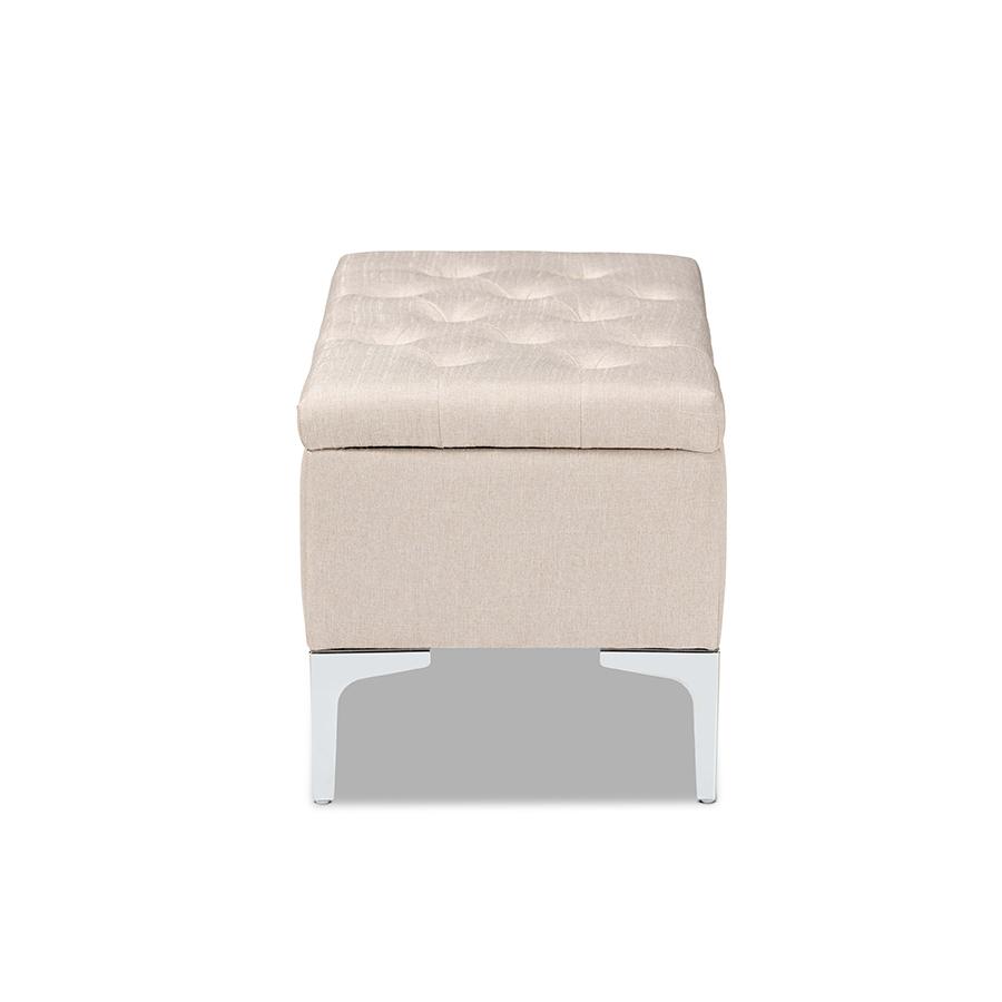 Mabel Modern and Contemporary Transitional Beige Fabric Upholstered and Silver Finished Metal Storage Ottoman. Picture 4