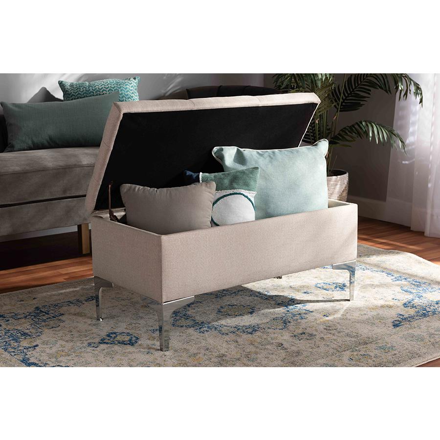 Transitional Beige Fabric Upholstered and Silver Finished Metal Storage Ottoman. Picture 8