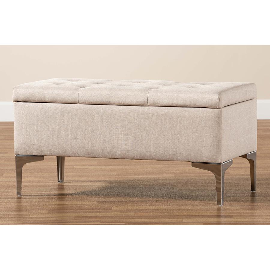 Transitional Beige Fabric Upholstered and Silver Finished Metal Storage Ottoman. Picture 9