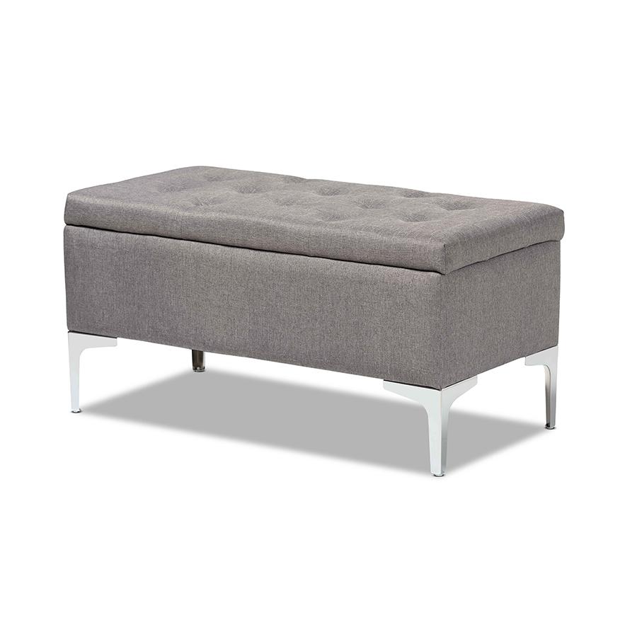 Transitional Grey Fabric Upholstered and Silver Finished Metal Storage Ottoman. Picture 1