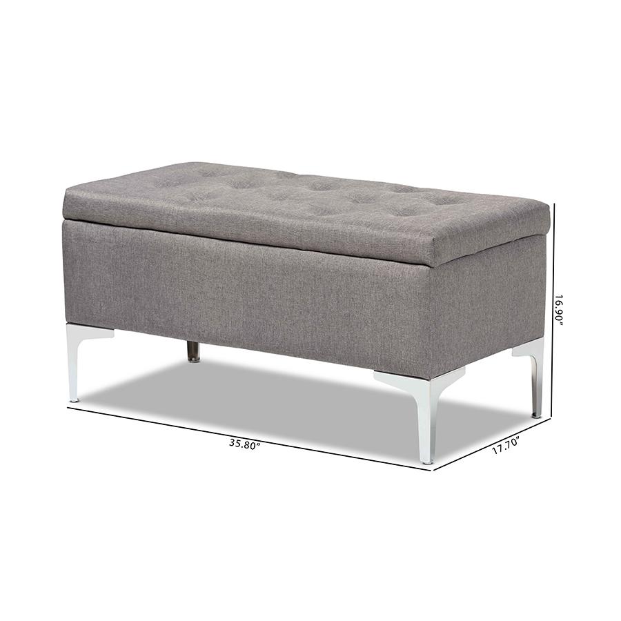 Transitional Grey Fabric Upholstered and Silver Finished Metal Storage Ottoman. Picture 10