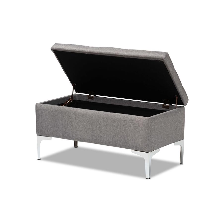 Transitional Grey Fabric Upholstered and Silver Finished Metal Storage Ottoman. Picture 2