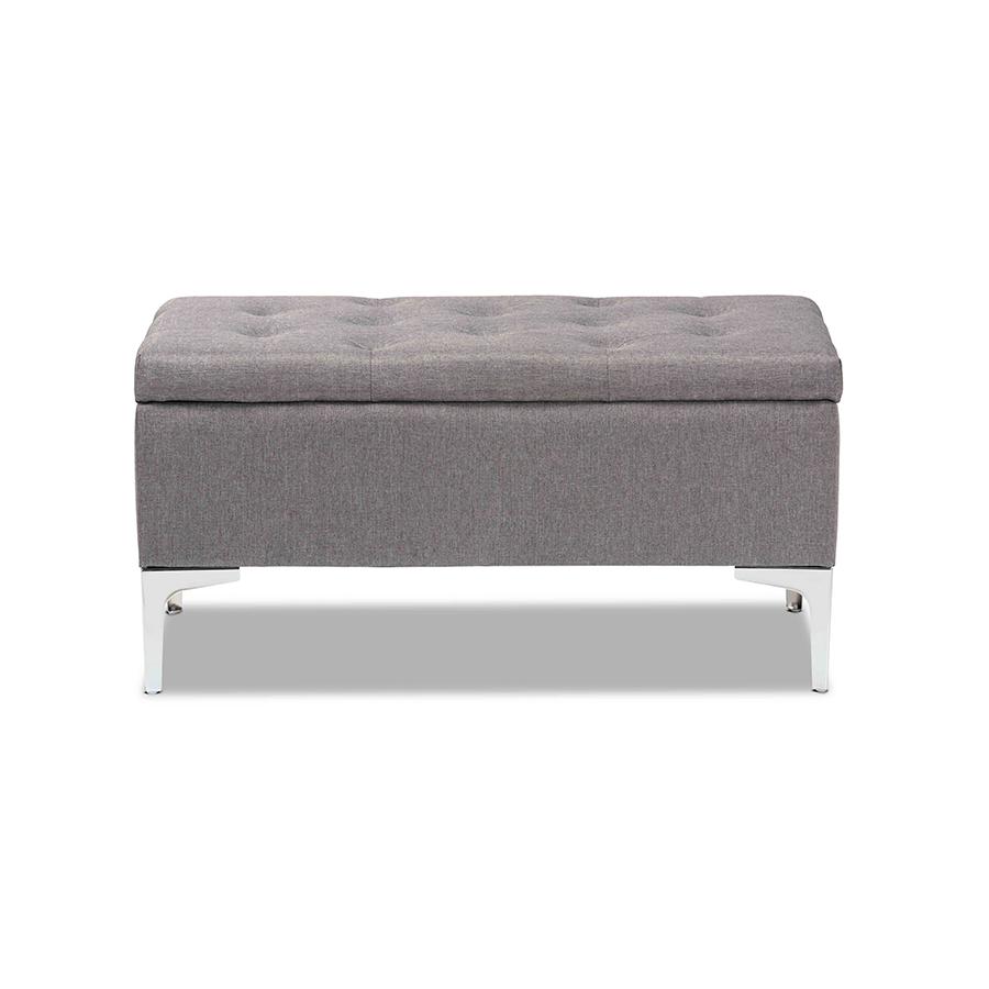 Transitional Grey Fabric Upholstered and Silver Finished Metal Storage Ottoman. Picture 3