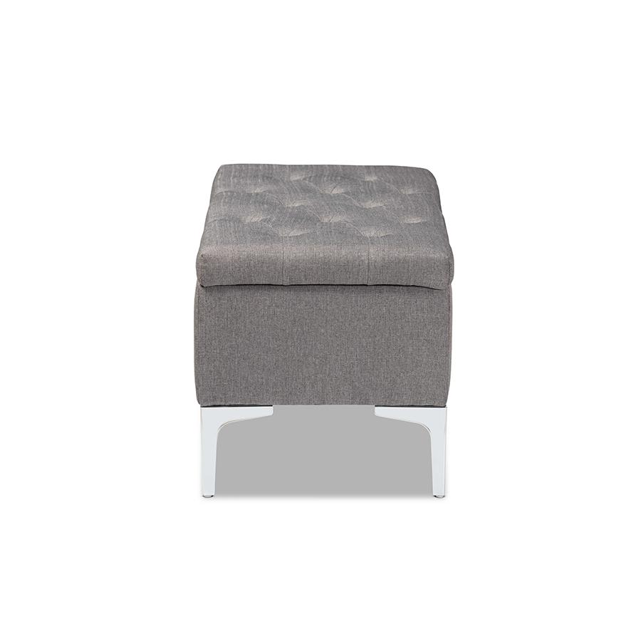 Transitional Grey Fabric Upholstered and Silver Finished Metal Storage Ottoman. Picture 4