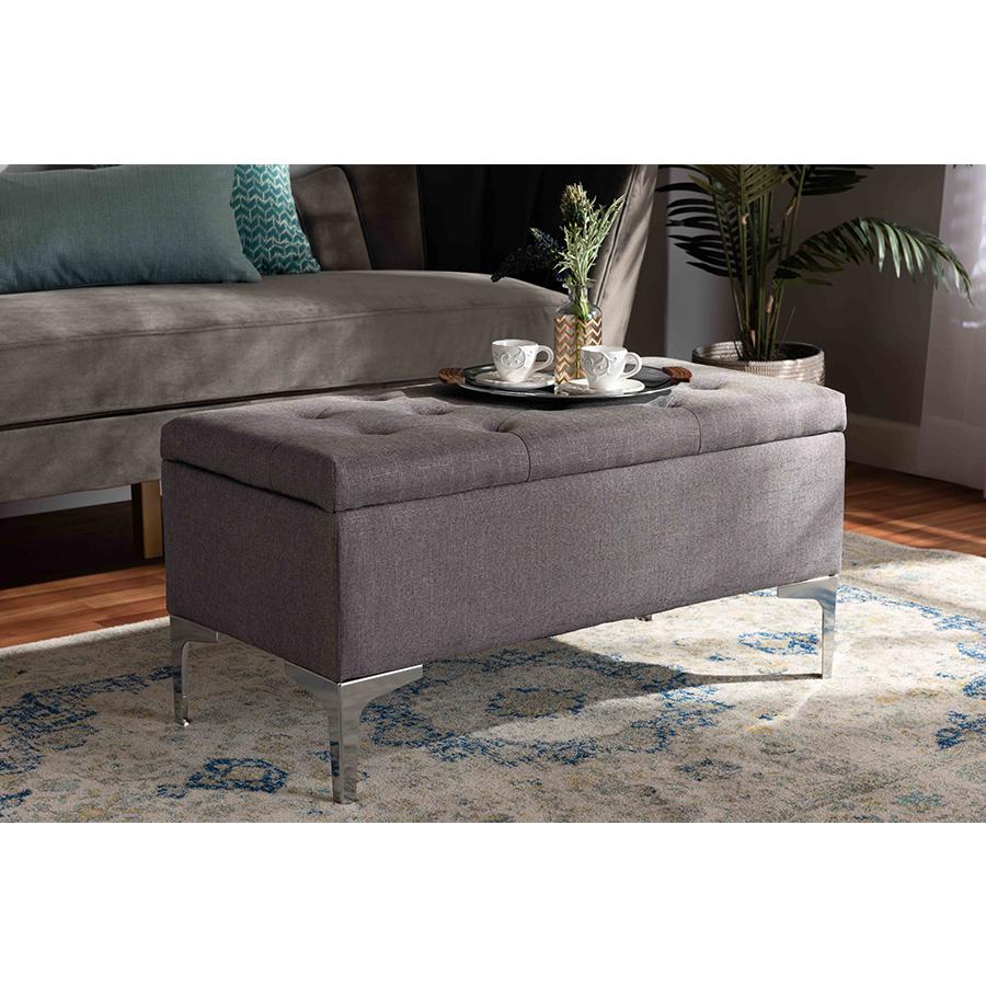 Transitional Grey Fabric Upholstered and Silver Finished Metal Storage Ottoman. Picture 7