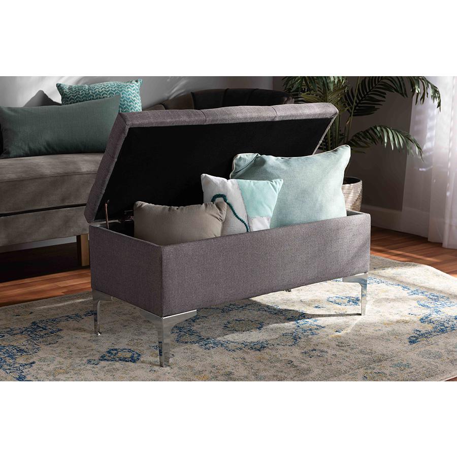 Transitional Grey Fabric Upholstered and Silver Finished Metal Storage Ottoman. Picture 8