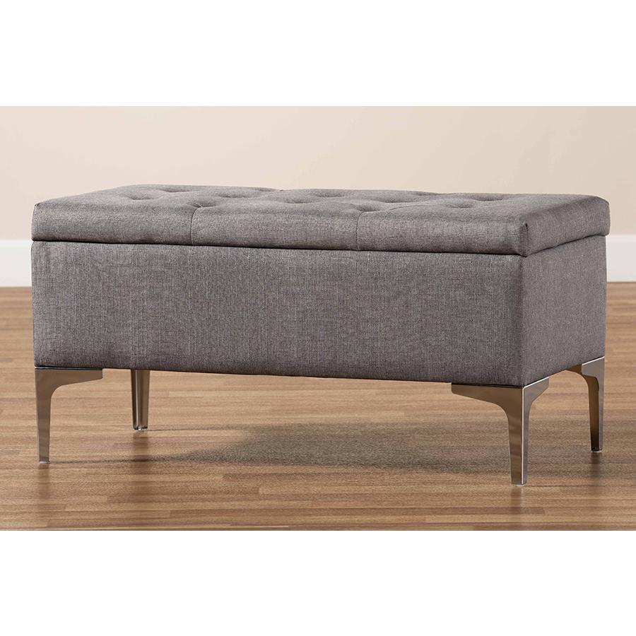 Transitional Grey Fabric Upholstered and Silver Finished Metal Storage Ottoman. Picture 9