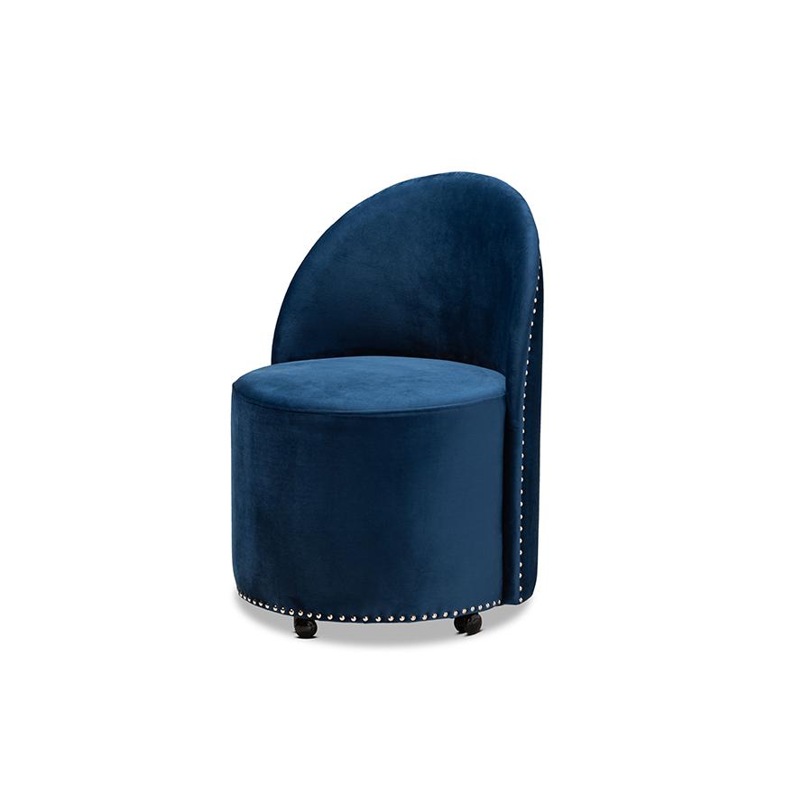 Bethel Glam and Luxe Navy Blue Velvet Fabric Upholstered Rolling Accent Chair. The main picture.