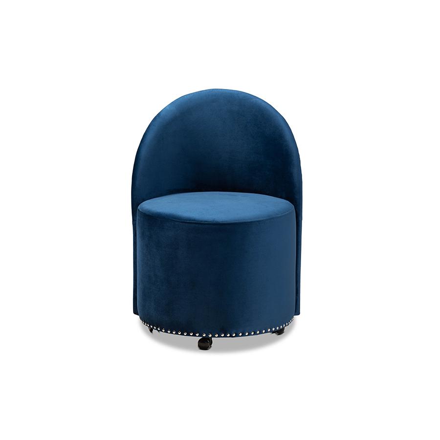 Bethel Glam and Luxe Navy Blue Velvet Fabric Upholstered Rolling Accent Chair. Picture 2
