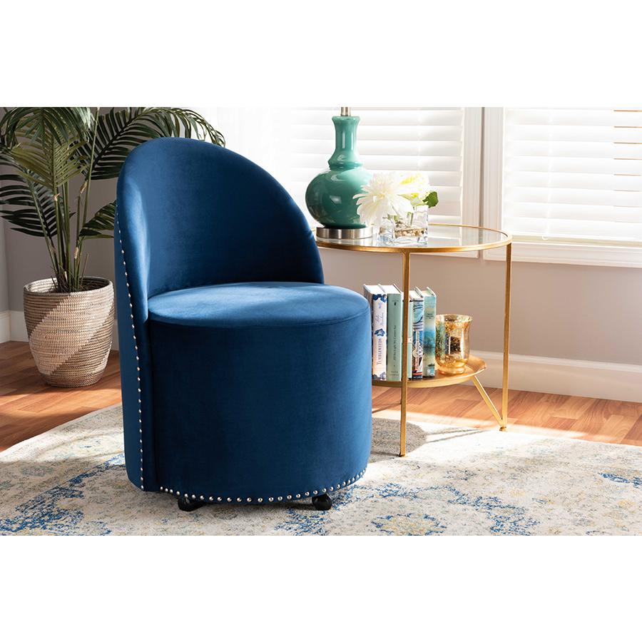 Bethel Glam and Luxe Navy Blue Velvet Fabric Upholstered Rolling Accent Chair. Picture 7