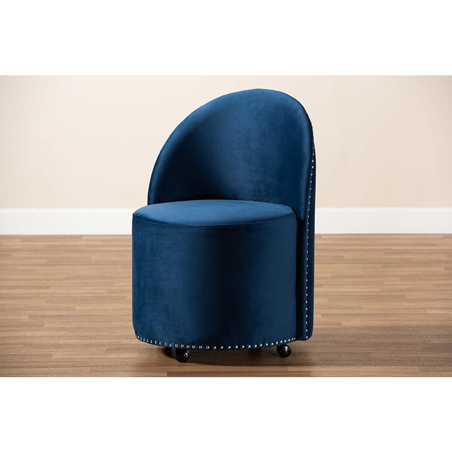 Bethel Glam and Luxe Navy Blue Velvet Fabric Upholstered Rolling Accent Chair. Picture 8