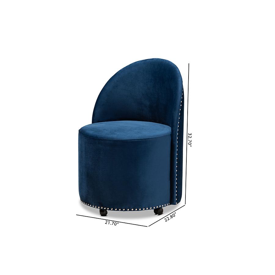 Bethel Glam and Luxe Navy Blue Velvet Fabric Upholstered Rolling Accent Chair. Picture 9