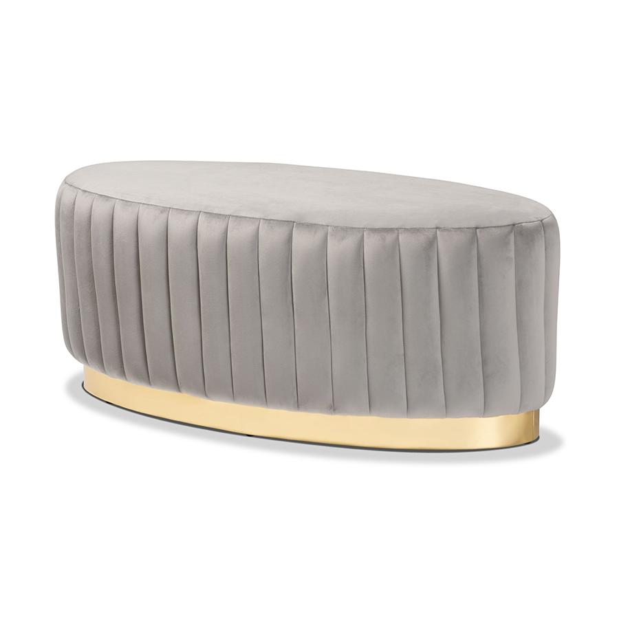 Kirana Glam and Luxe Grey Velvet Fabric Upholstered and Gold PU Leather Ottoman. Picture 1