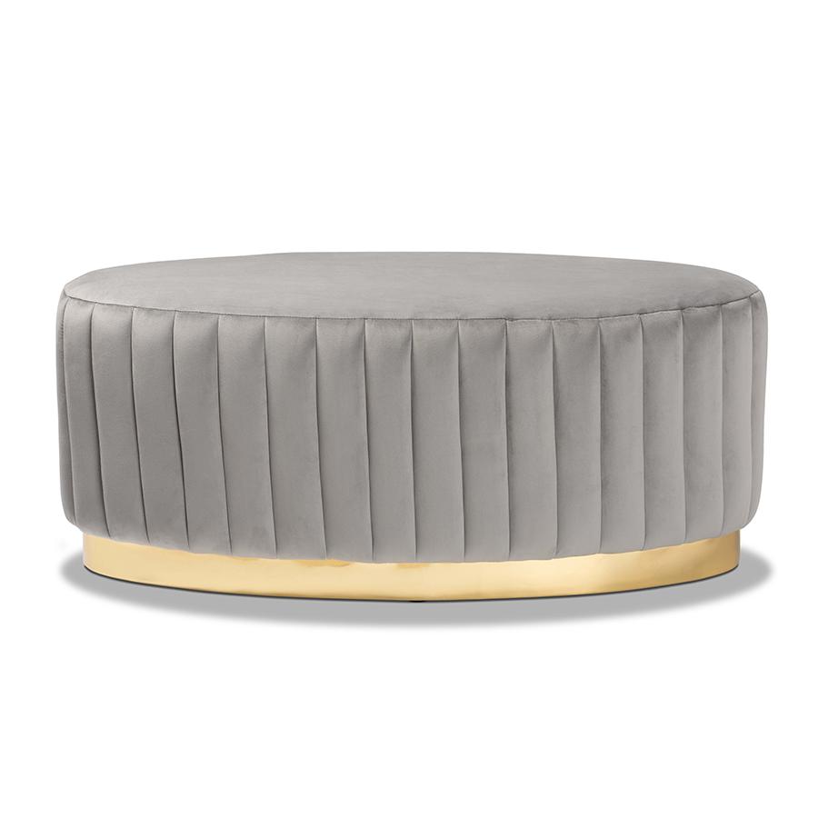 Kirana Glam and Luxe Grey Velvet Fabric Upholstered and Gold PU Leather Ottoman. Picture 2
