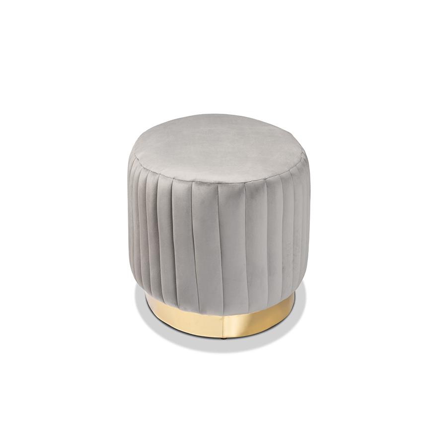 Kirana Glam and Luxe Grey Velvet Fabric Upholstered and Gold PU Leather Ottoman. Picture 3