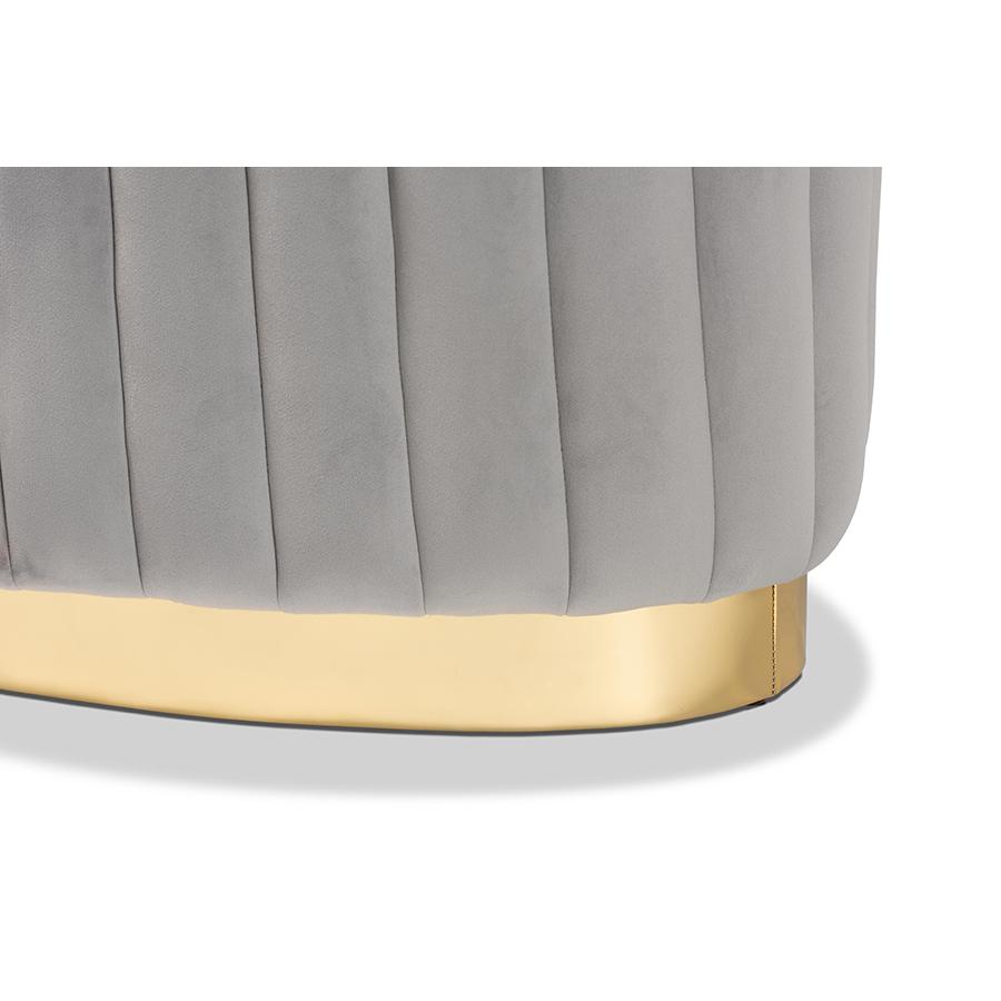 Kirana Glam and Luxe Grey Velvet Fabric Upholstered and Gold PU Leather Ottoman. Picture 4