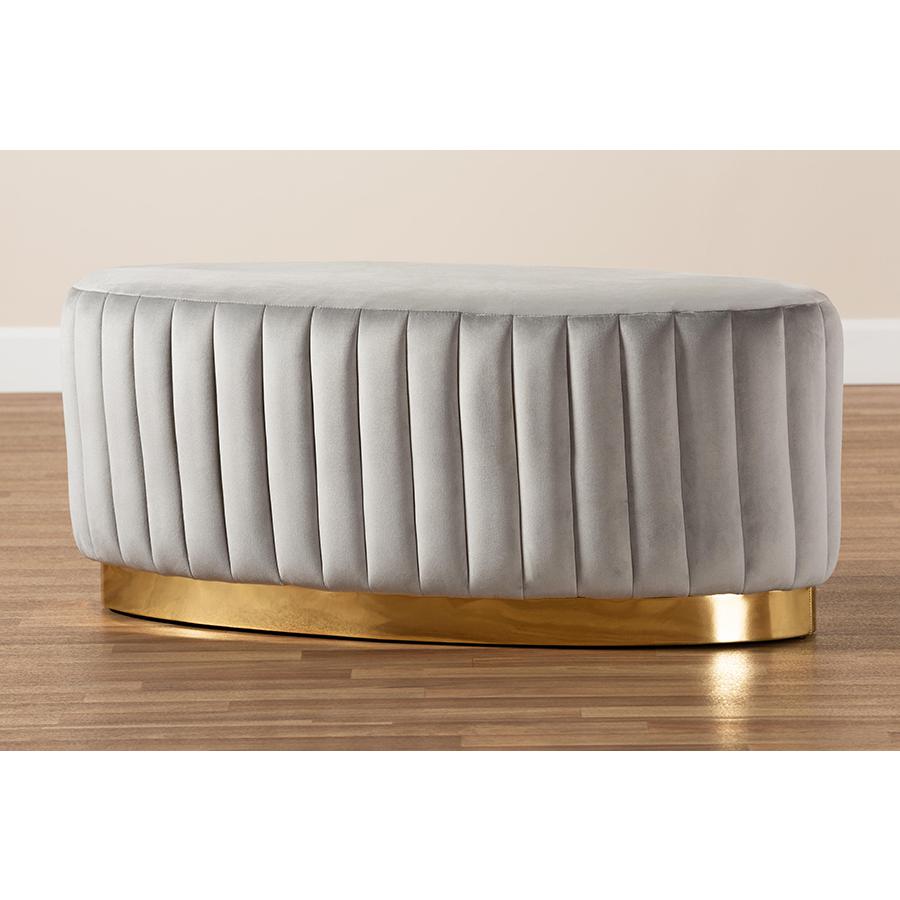 Kirana Glam and Luxe Grey Velvet Fabric Upholstered and Gold PU Leather Ottoman. Picture 6