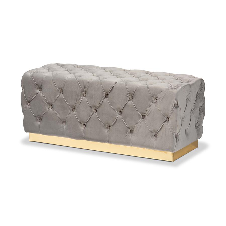 Corrine Glam and Luxe Grey Velvet Fabric Upholstered and Gold PU Leather Ottoman. Picture 1