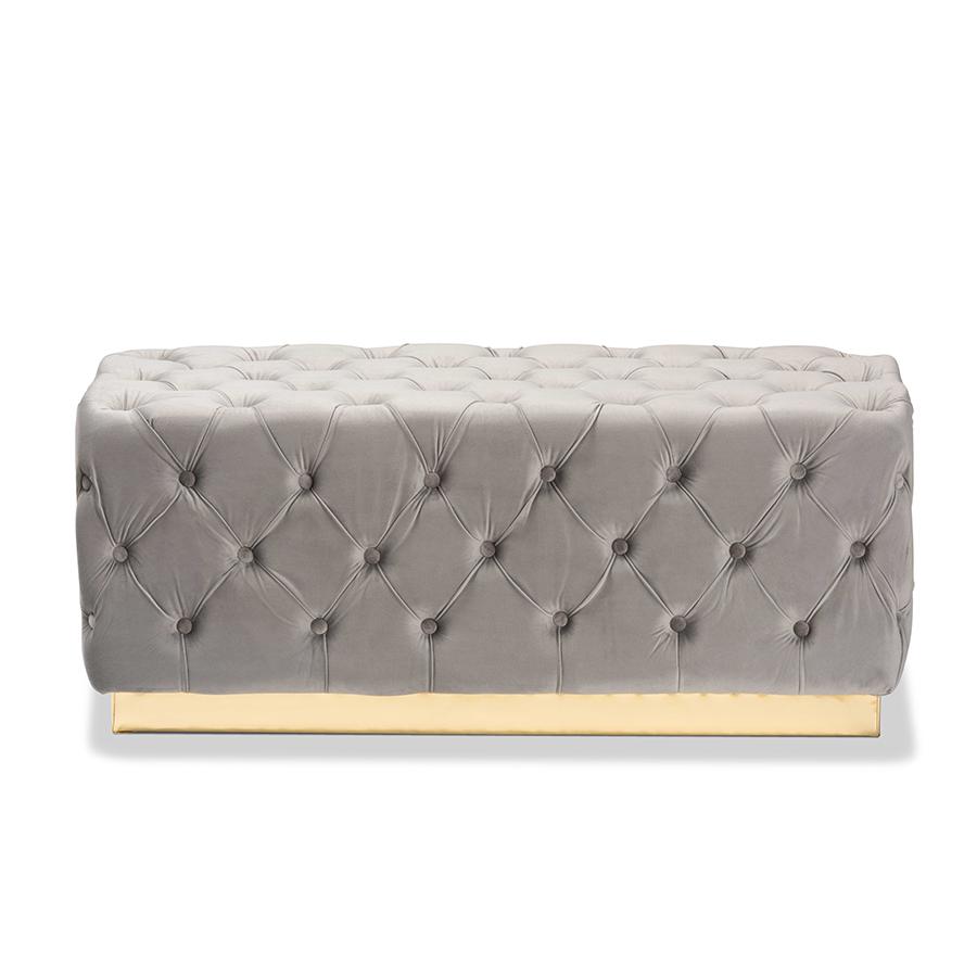 Corrine Glam and Luxe Grey Velvet Fabric Upholstered and Gold PU Leather Ottoman. Picture 2