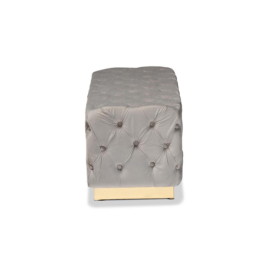 Corrine Glam and Luxe Grey Velvet Fabric Upholstered and Gold PU Leather Ottoman. Picture 3