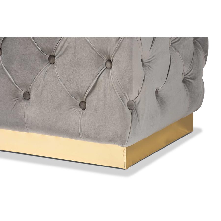 Corrine Glam and Luxe Grey Velvet Fabric Upholstered and Gold PU Leather Ottoman. Picture 4