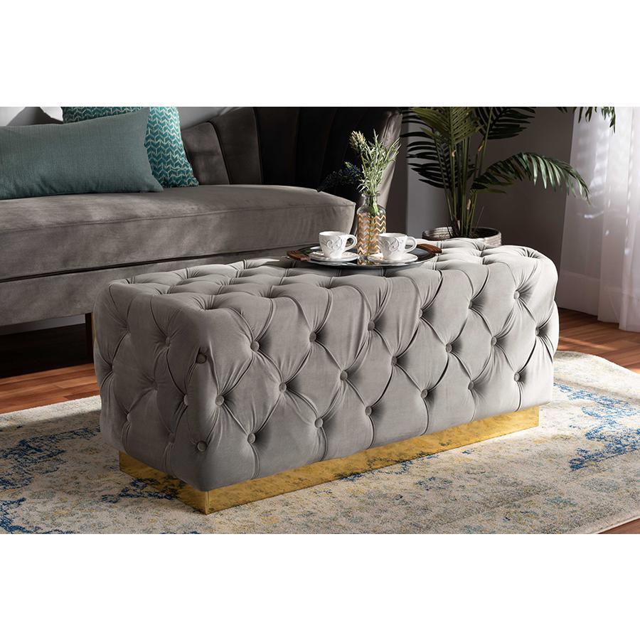 Corrine Glam and Luxe Grey Velvet Fabric Upholstered and Gold PU Leather Ottoman. Picture 5