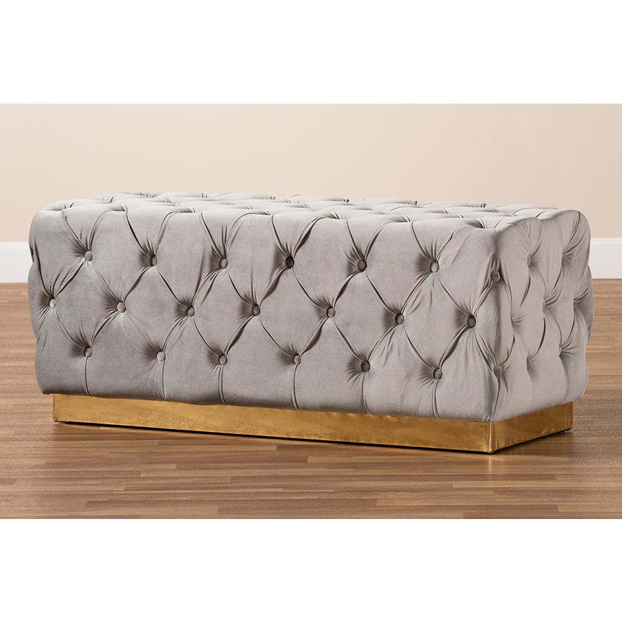 Corrine Glam and Luxe Grey Velvet Fabric Upholstered and Gold PU Leather Ottoman. Picture 6