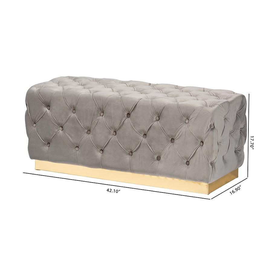Corrine Glam and Luxe Grey Velvet Fabric Upholstered and Gold PU Leather Ottoman. Picture 7